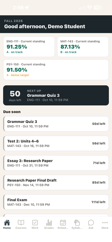 CourseTrack demo with course grades and assignment deadlines
